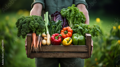 A farmer proudly displays a box of freshly harvested vegetables from her sustainable and environmentally friendly garden, the benefits of fresh and seasonal food