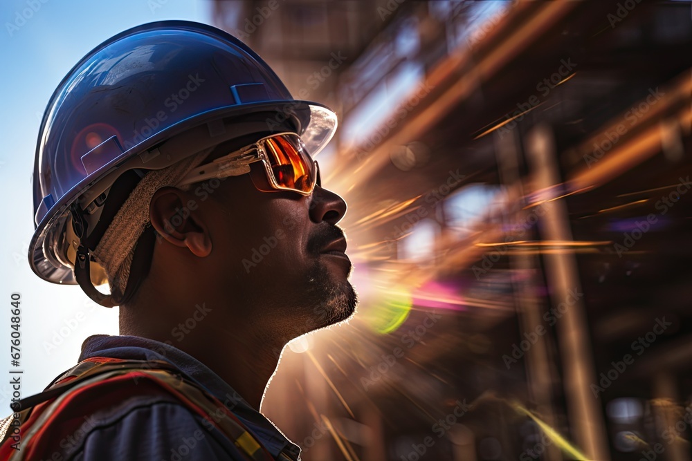A mature engineer on a construction site in a protective vest and helmet, looking up at the construction site. Generated by AI. A mature engineer on a construction site in a protective vest and helmet, looking up at the construction site. Generated by AI.