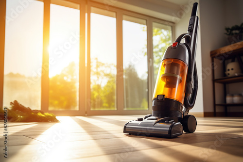 Close up view of vacuum cleaner on flooring of modern living room in background of beautiful sunlight. Concept of cleaning and cleanliness.
