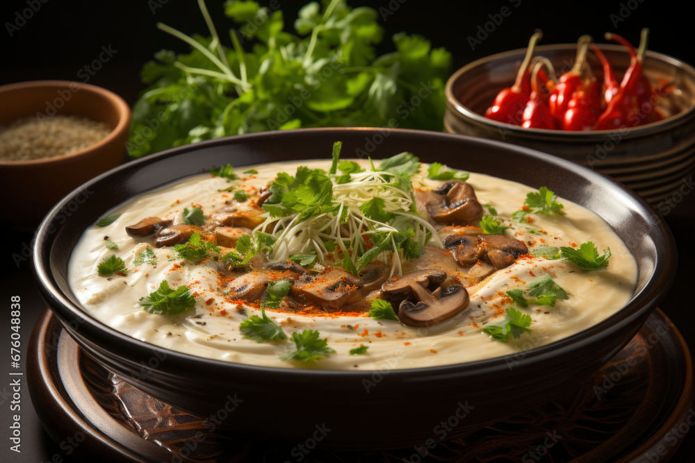 soup with mushrooms on dark background. alternative proteins, environmental friendly, sustainable, vegan concept.