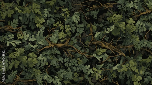 Hyper-realistic camouflage pattern blending seamlessly into a dense forest. Intricate details of leaves, branches, and shadows create a three-dimensional effect