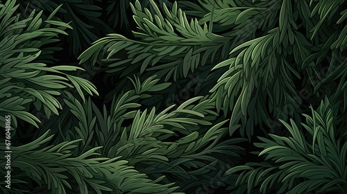 A hyper-realistic stock image of a green camouflage pattern in a yew forest. The sharp-focus, simplistic vector art style showcases the lush foliage and vibrant trees