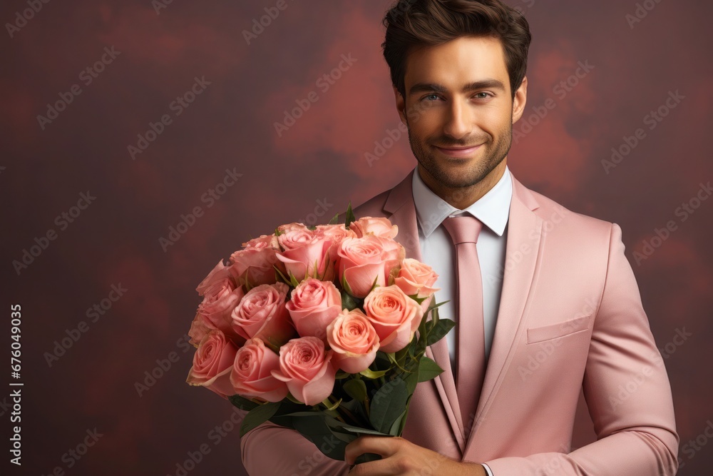 Stylish appearance of a young man with pink roses, symbol of elegant feelings, concept Valentine's Day. Stylish appearance of a young man with pink roses, symbol of elegant feelings, concept Valentine's Day.