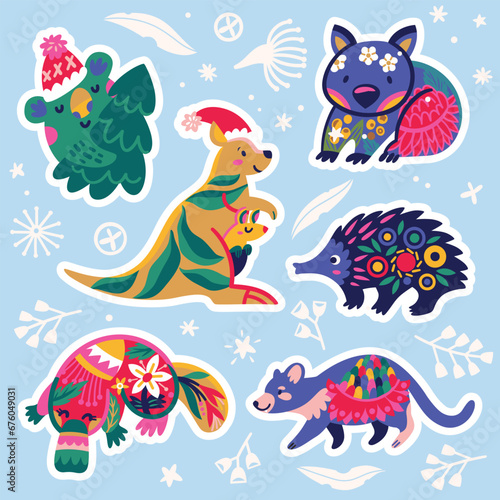 Fototapeta Naklejka Na Ścianę i Meble -  Collection of stickers with Christmas Australian animals