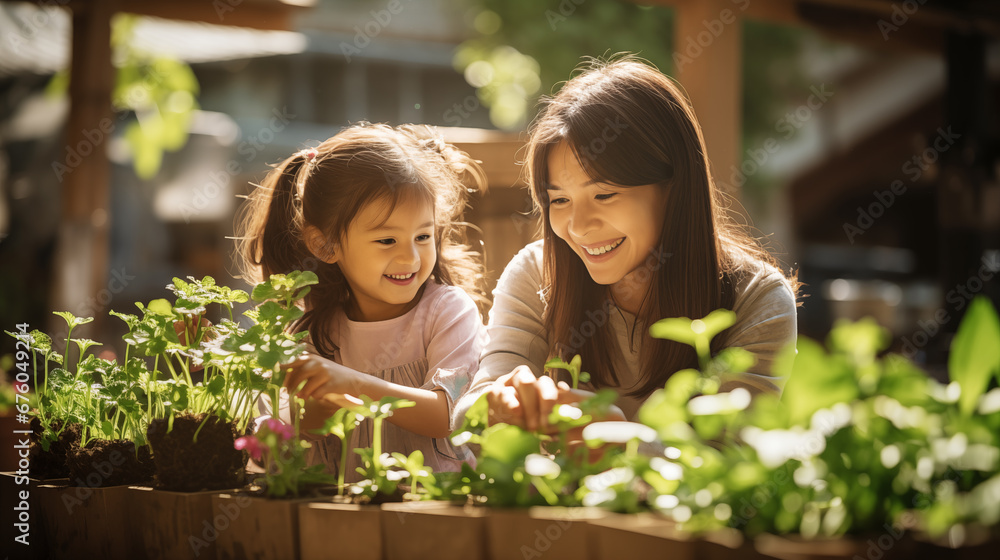 Digital photo a cute child with her parent take a care of indoor plants in the courtyard Digital photo a cute child with her parent take a care of indoor plants in the courtyard