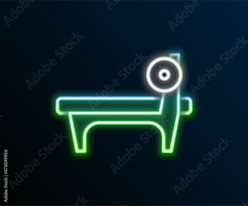 Glowing neon line Bench with barbel icon isolated on black background. Gym equipment. Bodybuilding, powerlifting, fitness concept. Colorful outline concept. Vector