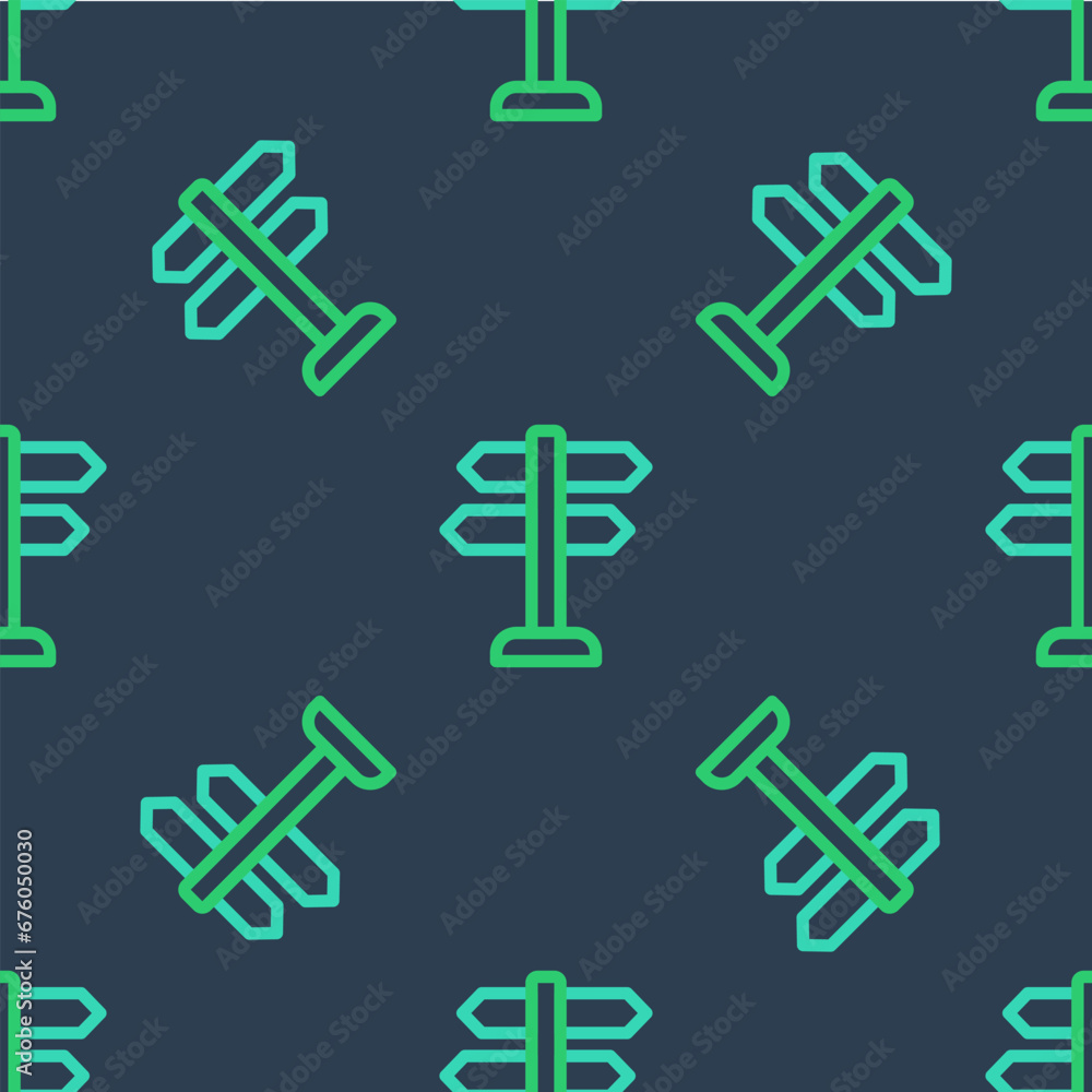 Obraz premium Line Road traffic sign. Signpost icon isolated seamless pattern on blue background. Pointer symbol. Isolated street information sign. Direction sign. Vector