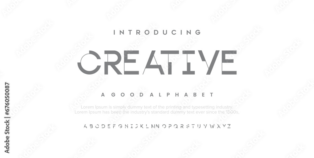 Creative modern alphabet. Dropped stunning font, type for futuristic logo, headline, creative lettering and maxi typography. Minimal style letters with yellow spot. Vector typographic design - obrazy, fototapety, plakaty 