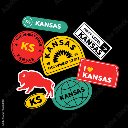 Sticker Pack. Collection of trendy pins. Set of cool patches vector design. Kansas retro badges.