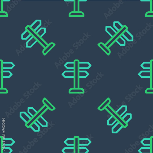 Line Road traffic sign. Signpost icon isolated seamless pattern on blue background. Pointer symbol. Isolated street information sign. Direction sign. Vector