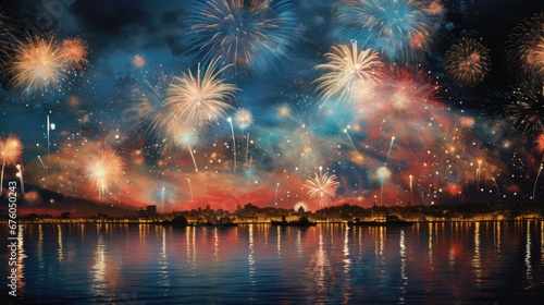  a painting of a firework display over a body of water with a city skyline in the background at night. generative ai