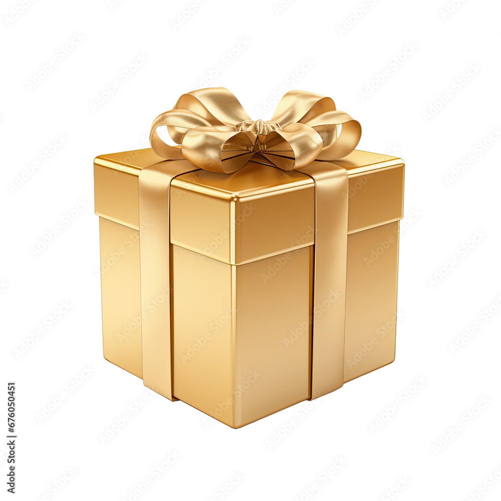 Obraz premium Caja y lazo en tono dorado sobre fondo transparente, png. 