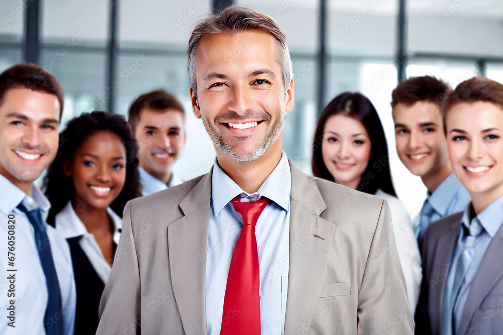 smiling mid-age businessman standing in front of team, at meeting room office, smiling at camera smiling mid-age businessman standing in front of team, at meeting room office, smiling at camera