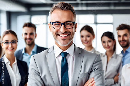 smiling mid-age businessman standing in front of team, at meeting room office, smiling at camera