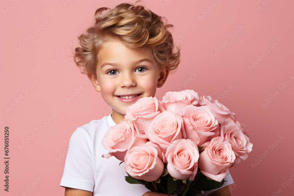 Little boy with a bouquet of roses as a gift to his mother Little boy with a bouquet of roses as a gift to his mother