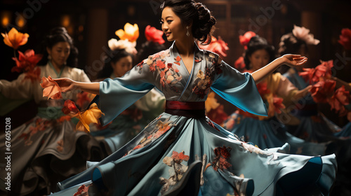 Traditional Fan Dance: Graceful performers in traditional attire showcasing the elegance of a fan dance, a cultural highlight of Chinese New Year