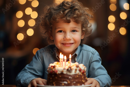 Young boy near birthday cake with candles