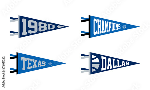 Dallas, Texas basketball Pennant Flags Set. Vector basketball flag Icons. University USA Sport flag, isolated