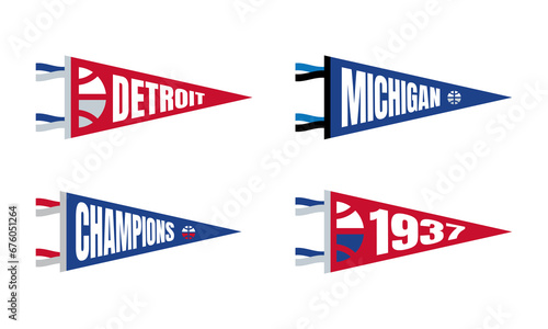 Detroit, Michigan basketball Pennant Flags Set. Vector basketball flag Icons. University USA Sport flag, isolated