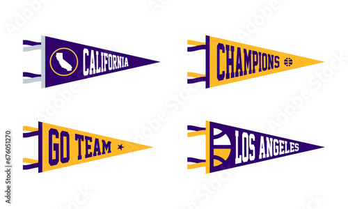 Los Angeles, California basketball Pennant Flags Set. Vector basketball flag Icons. University USA Sport flag, isolated