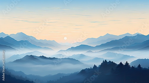  a painting of a mountain range with trees in the foreground and a full moon in the sky in the background.  generative ai © Anna