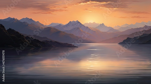  a painting of a sunset over a mountain range with a lake in the foreground and mountains in the background. generative ai