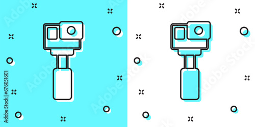 Black line Action extreme camera icon isolated on green and white background. Video camera equipment for filming extreme sports. Random dynamic shapes. Vector