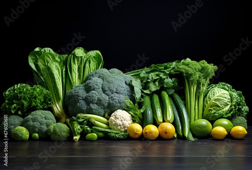 lots of vegetables including green lettuce, broccoli and asparagus, and gray, natural minimalism © IgnacioJulian
