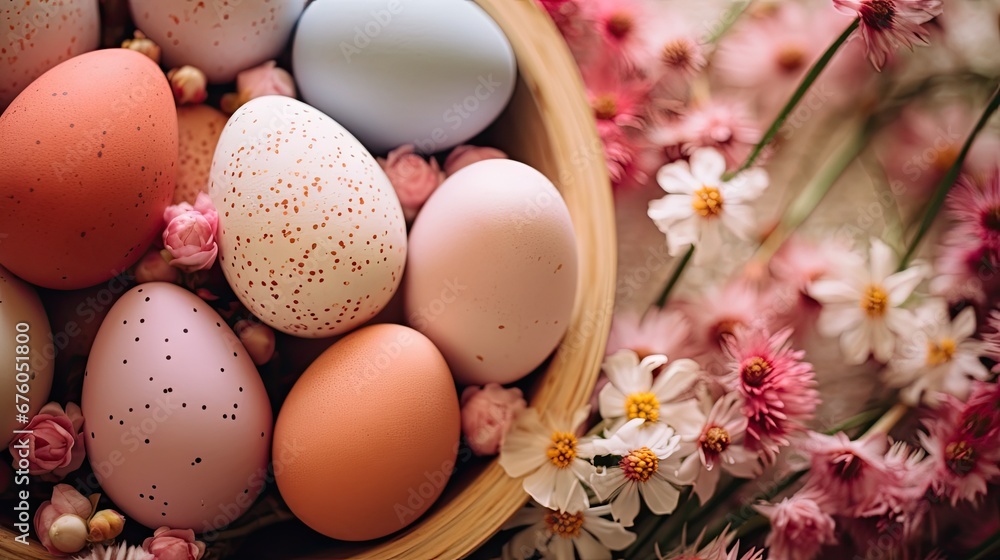  a basket filled with lots of eggs sitting on top of a table next to a bunch of pink and white flowers.  generative ai