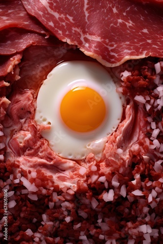 raw meat ground with egg inserted inside, new american color, close up, tupinipunk, preparation for hamburguer or meatballs  photo