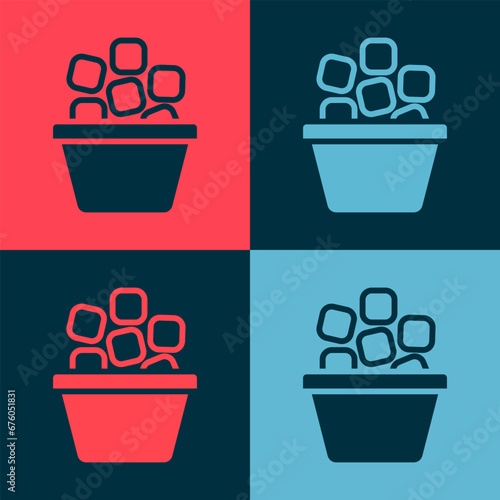 Pop art Ice bucket filled with ice cubes icon isolated on color background. Vector
