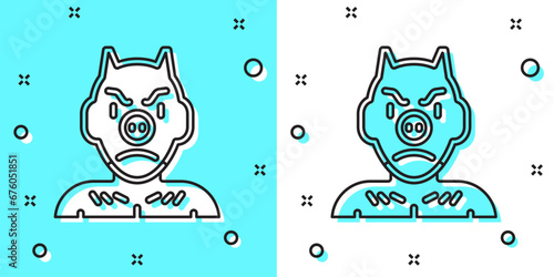 Black line Krampus, heck icon isolated on green and white background. Horned devil. Traditional Christmas devil. Happy Halloween party. Random dynamic shapes. Vector