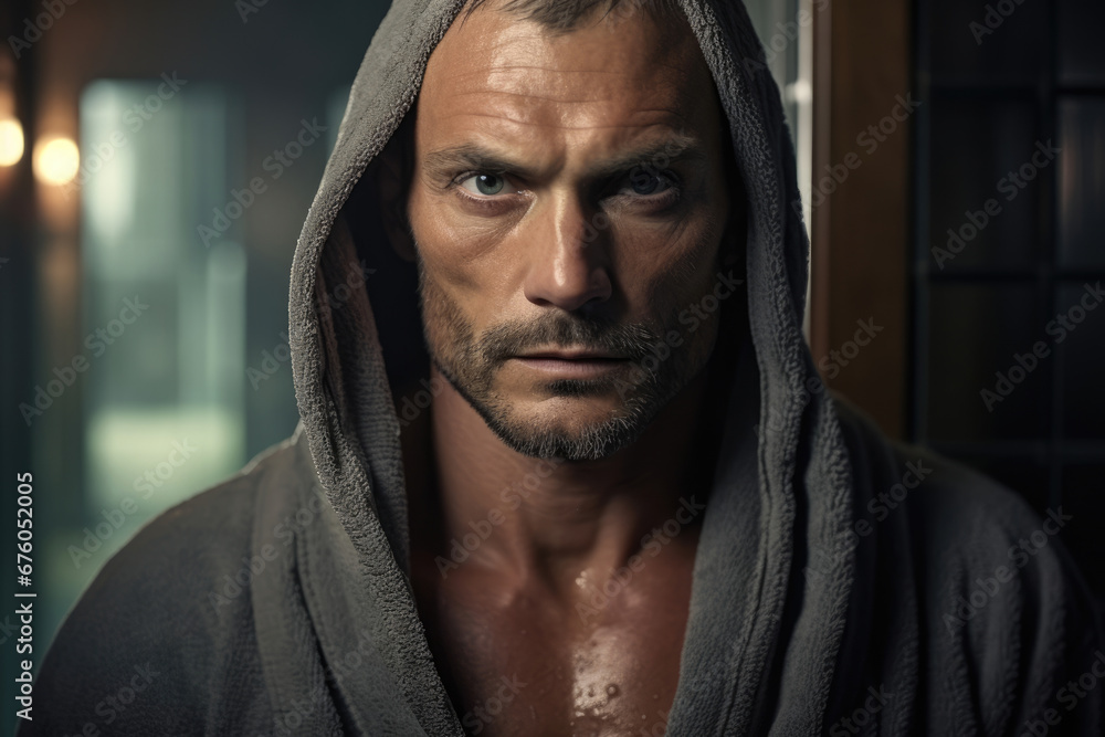 Man in bathrobe after shower Man in bathrobe after shower