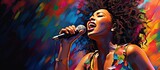 In a vibrant and lively background filled with pulsating music and colorful lights a young African woman with beautiful black hair confidently holds a microphone captivating people with her
