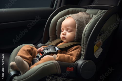 Small child sleeping in a safe car seat photo