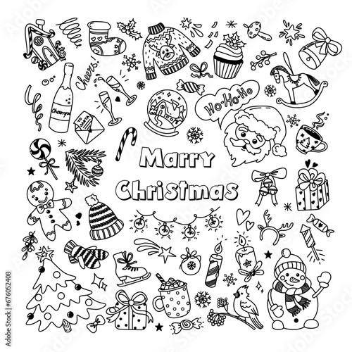 Set of Christmas design fun doodle elements. Vector hand drawn 