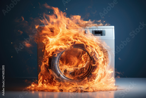 Burning washing machine due to short breakdown or short circuit photo