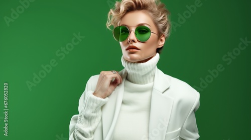Elegant white suit with blazer, pants, and cashmere turtleneck sweater worn by a stylish, self-assured woman photo