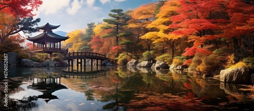 In Japan the stunning beauty of the landscape is showcased by the vibrant colors of autumn leaves the majestic mountains and the tranquil blue sky reflecting in the serene waters all framed  photo