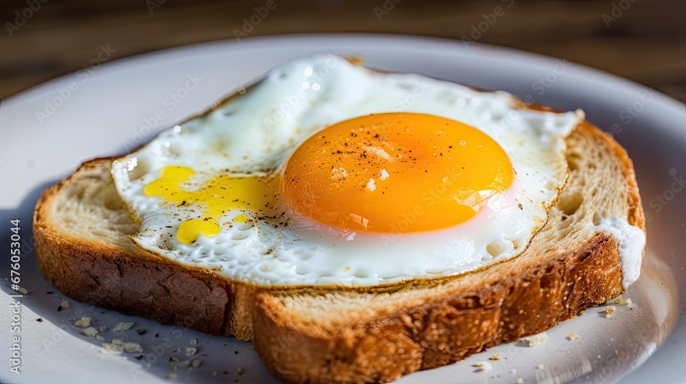 a white plate topped with a piece of bread and an egg on top of an egg on top of a piece of bread. generative ai a white plate topped with a piece of bread and an egg on top of an egg on top of a piece of bread. generative ai