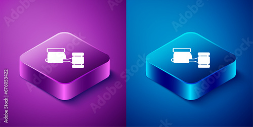 Isometric Auction hammer icon isolated on blue and purple background. Gavel - hammer of judge or auctioneer. Bidding process, deal done. Auction bidding. Square button. Vector