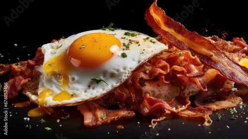  a close up of a plate of food with bacon and an egg on top of a bed of hash browns. generative ai