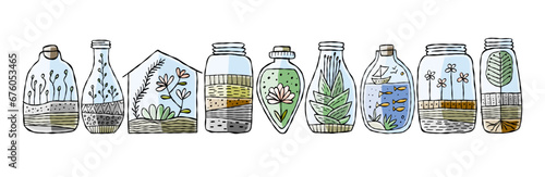 Florarium in bottle set with cactuses, succulents, leaves, branches, stones and seashells decoration on sand. Exotic small house plant, home miniature garden. Floral terrarium collection for your