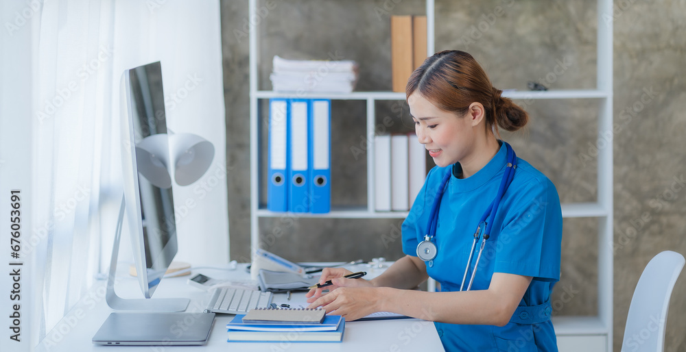 Doctor and patient sitting and talking at medical examination at hospital office, close-up. Therapist filling up medication history records. Medicine and healthcare concept. Doctor and patient sitting and talking at medical examination at hospital office, close-up. Therapist filling up medication history records. Medicine and healthcare concept.
