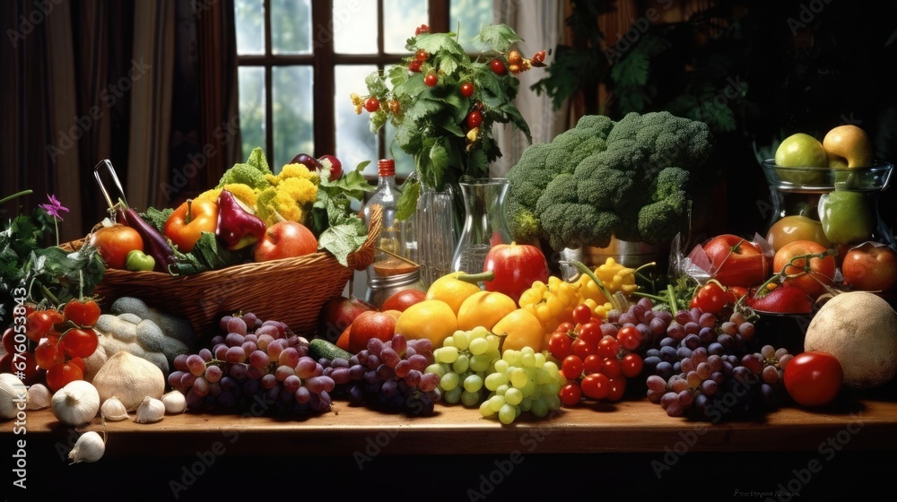 Lots of fresh fruits and vegetables on the table