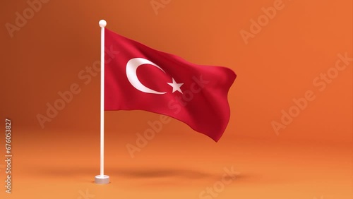 Elegant Turkey Flag on a Stand with a Warm Orange Background. Beautiful Turkish flag on a white flagpole.