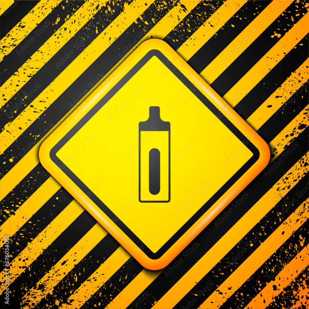 Black Electronic cigarette icon isolated on yellow background. Vape smoking tool. Vaporizer Device. Warning sign. Vector Black Electronic cigarette icon isolated on yellow background. Vape smoking tool. Vaporizer Device. Warning sign. Vector