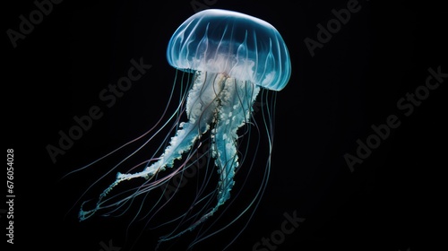 a close up of a jellyfish on a black background with a black background and a white jellyfish in the middle of the frame. generative ai