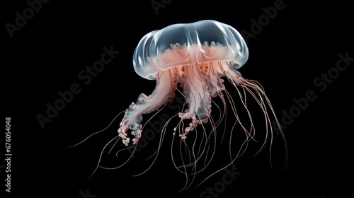  a close up of a jellyfish on a black background with a red spot in the center of the jellyfish's head. generative ai