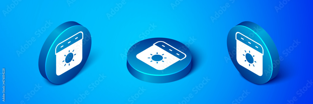 Isometric Calendar summer icon isolated on blue background. Event reminder symbol. Blue circle button. Vector Isometric Calendar summer icon isolated on blue background. Event reminder symbol. Blue circle button. Vector